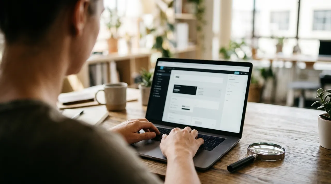 Una persona vista di spalle che usa un laptop con tastiera e lente d'ingrandimento sul tavolo, schermo con interfaccia generica ad alto cont