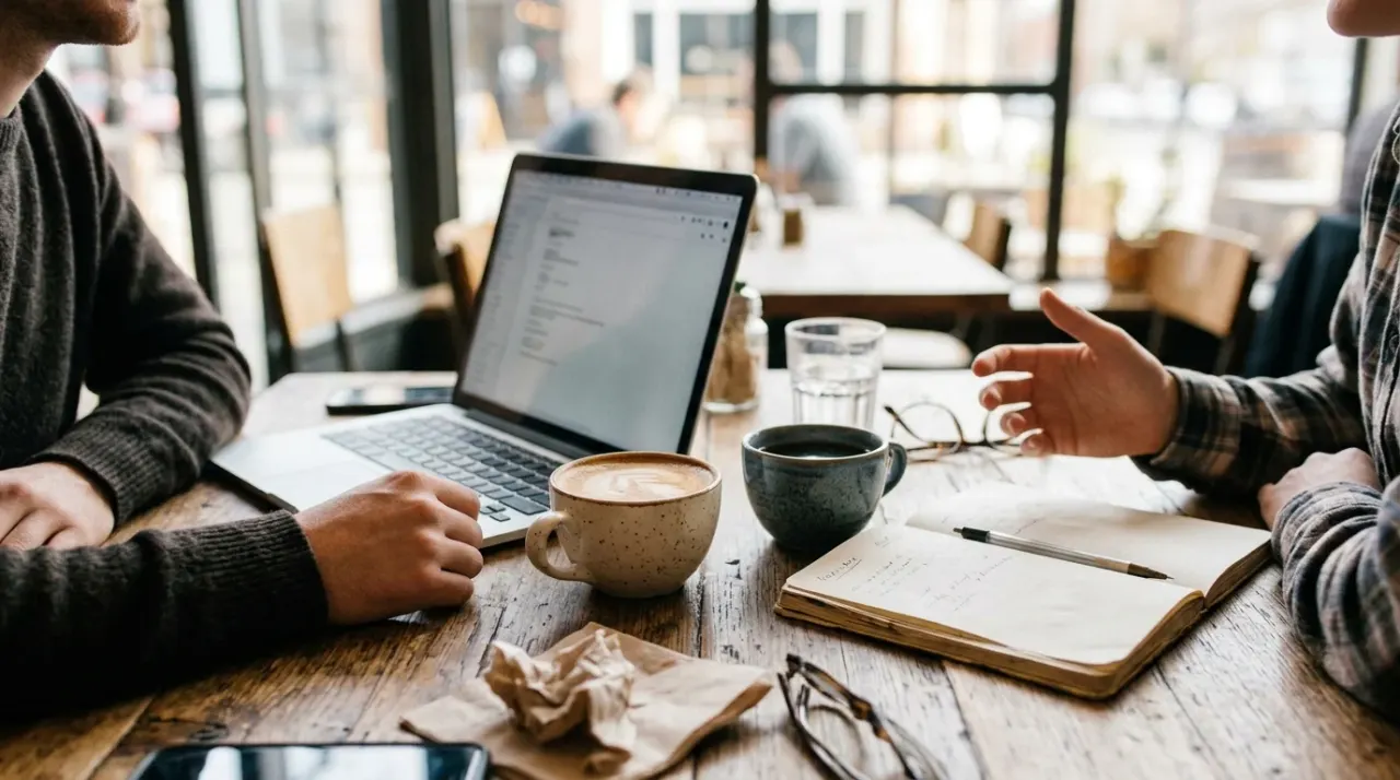 Due tazze di caffè su un tavolo tra un laptop aperto e un taccuino