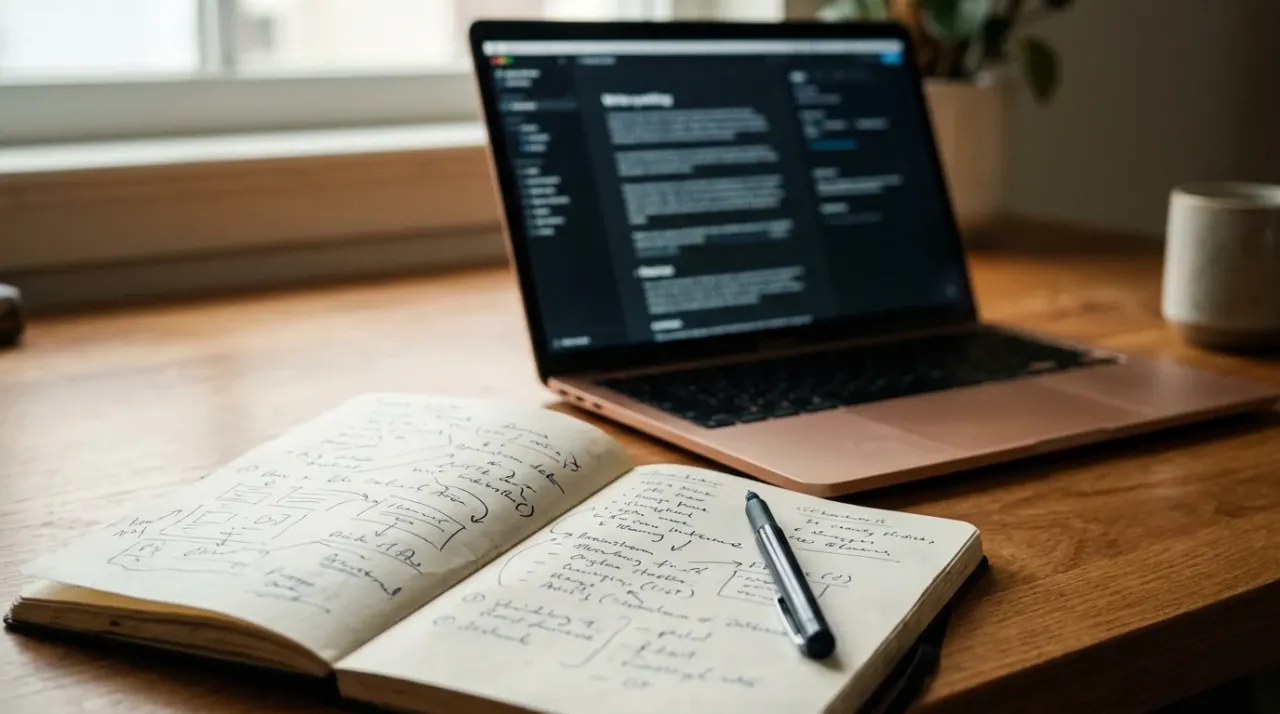 Taccuino con una scaletta scritta a mano, penna e laptop aperto con un editor di testo astratto