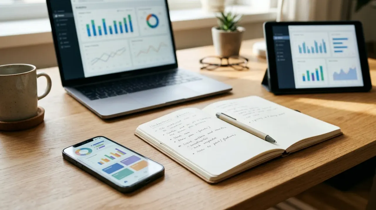Scrivania con laptop, smartphone e tablet che mostrano grafici e schermate generiche, taccuino con appunti