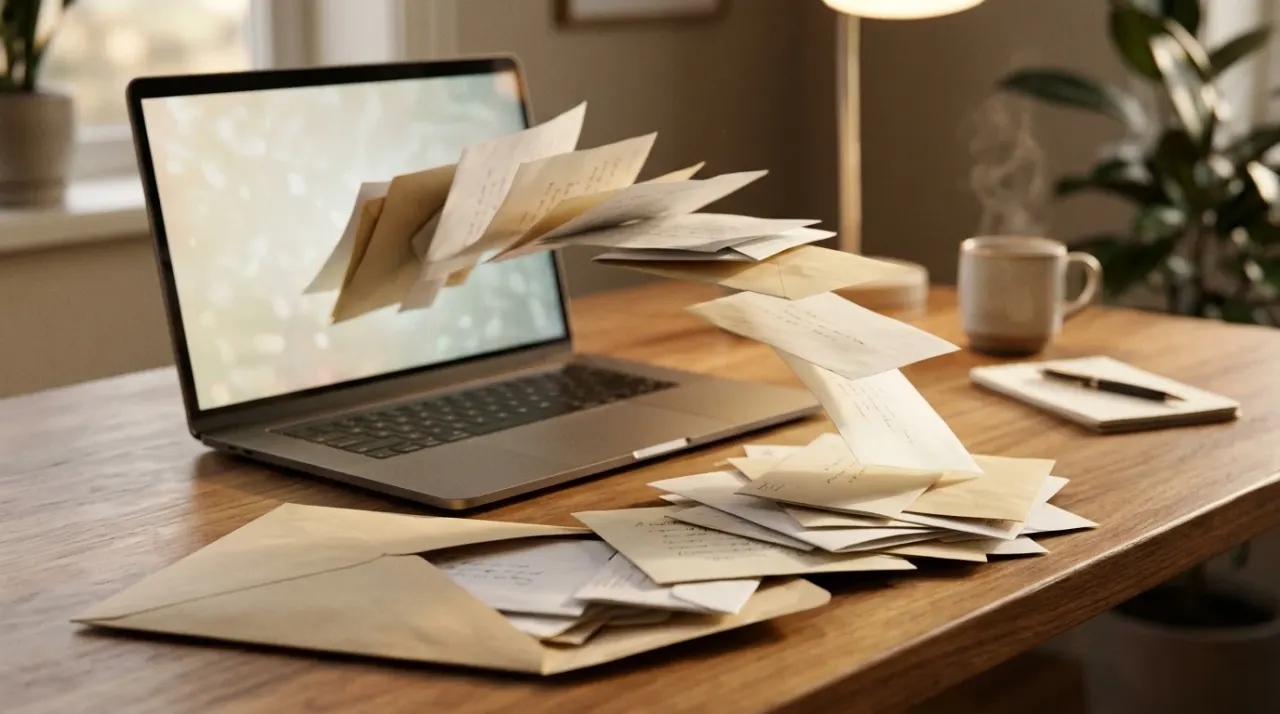 Busta aperta con lettere che escono da un laptop, scrivania ordinata
