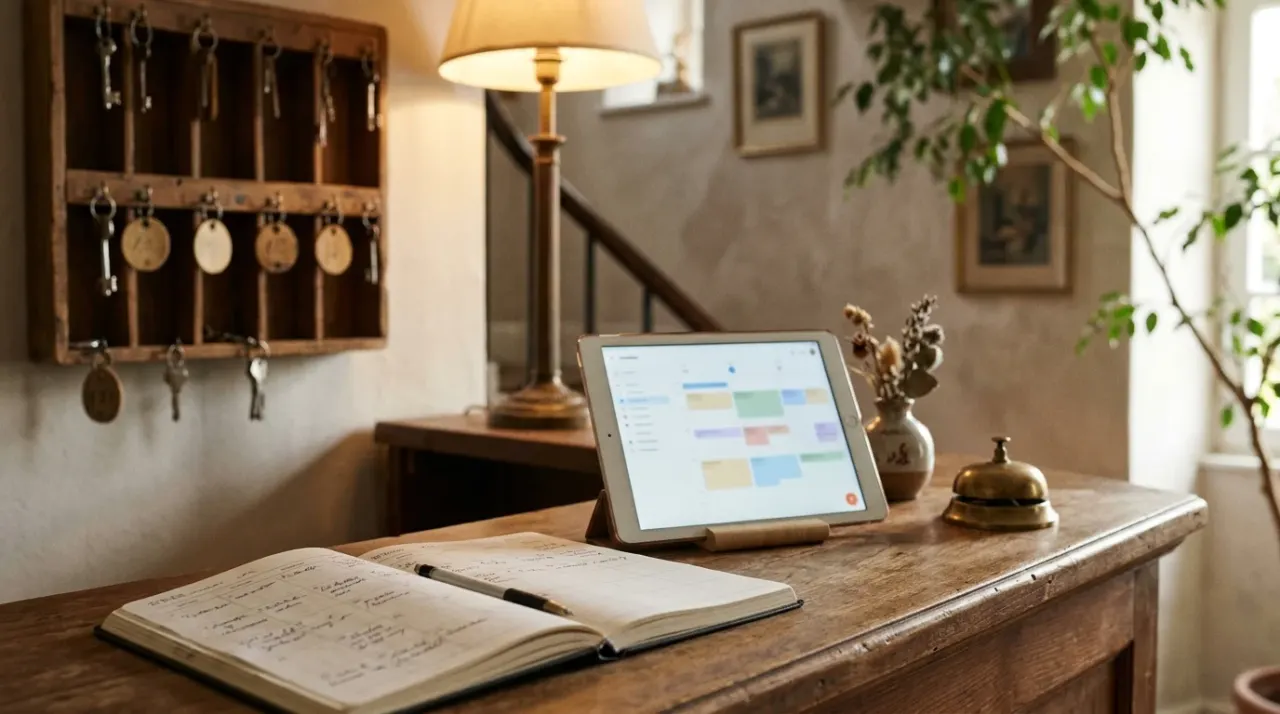 Reception di un piccolo bed and breakfast con chiavi appese, agenda e un tablet sul bancone