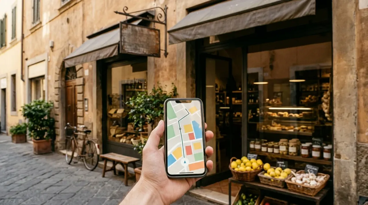 Vetrina di un negozio di quartiere italiano con insegna senza testo e uno smartphone in primo piano che mostra una mappa astratta
