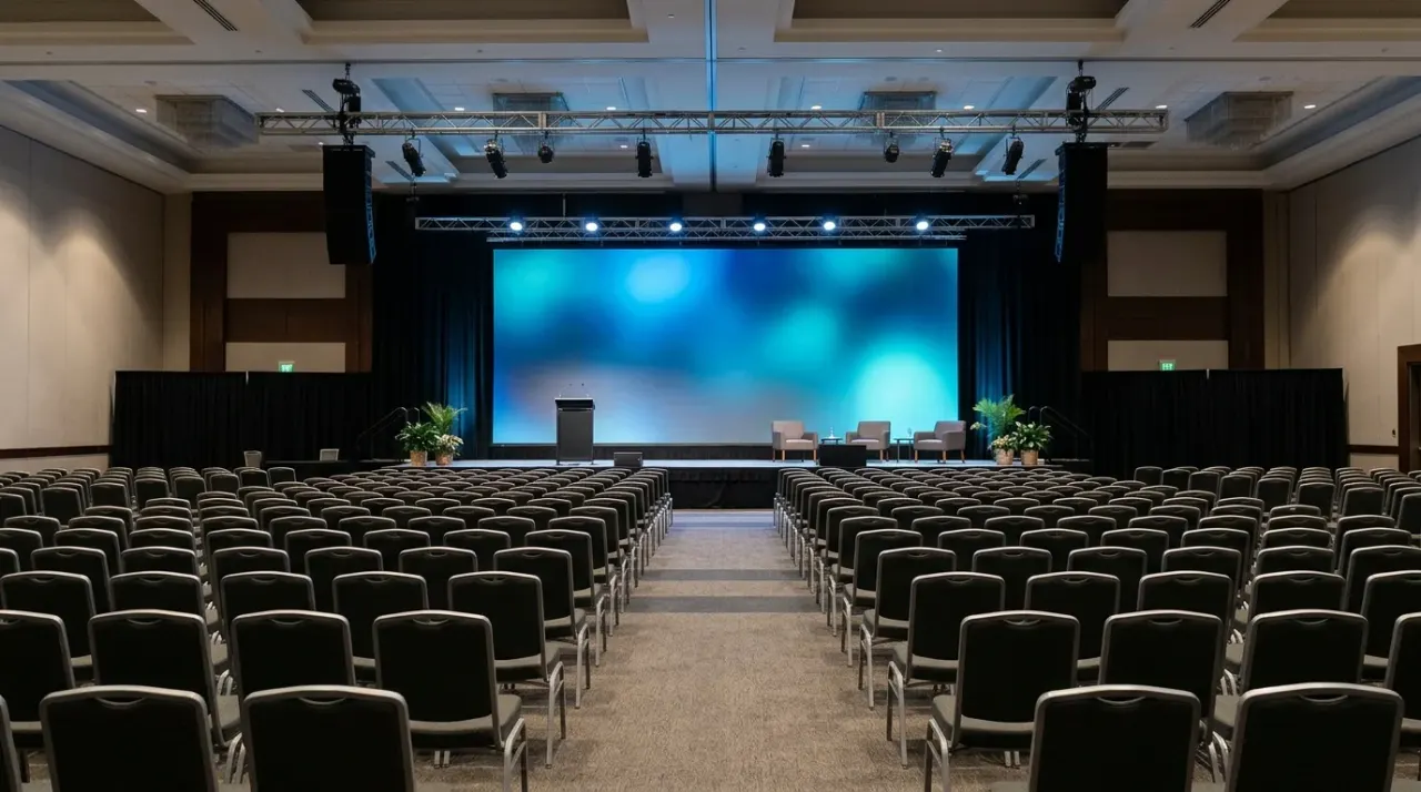 Palco di una conferenza con schermo luminoso generico e file di sedie vuote