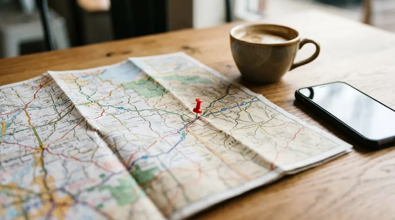 Mappa stradale cartacea con un segnaposto rosso su un tavolo, accanto a uno smartphone e a una tazza di caffè