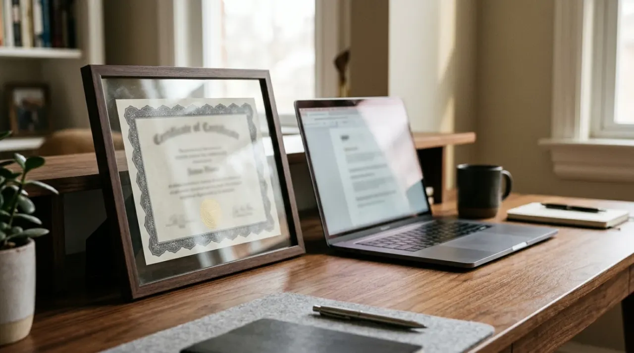 Attestato incorniciato senza testo leggibile su una scrivania accanto a un laptop