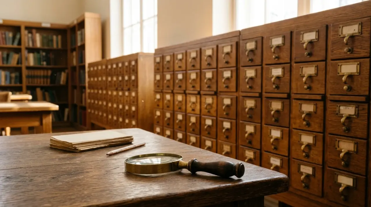 Biblioteca con schedari di legno ordinati e una lente d'ingrandimento su un tavolo