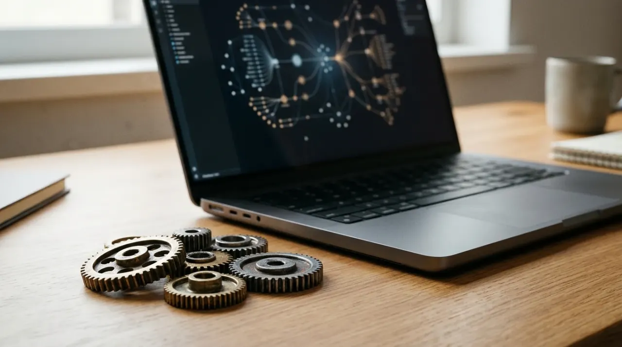 Ingranaggi di metallo appoggiati accanto a un laptop con un diagramma a nodi astratto, scrivania ordinata