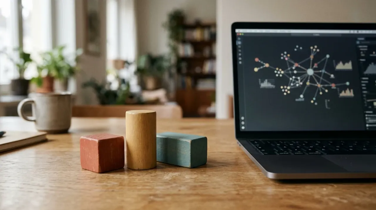 Tre blocchi da costruzione di legno di tre colori diversi sul tavolo accanto a un laptop con un diagramma a nodi astratto