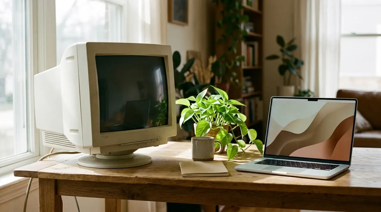 Vecchio monitor a tubo catodico accanto a un laptop moderno su una scrivania