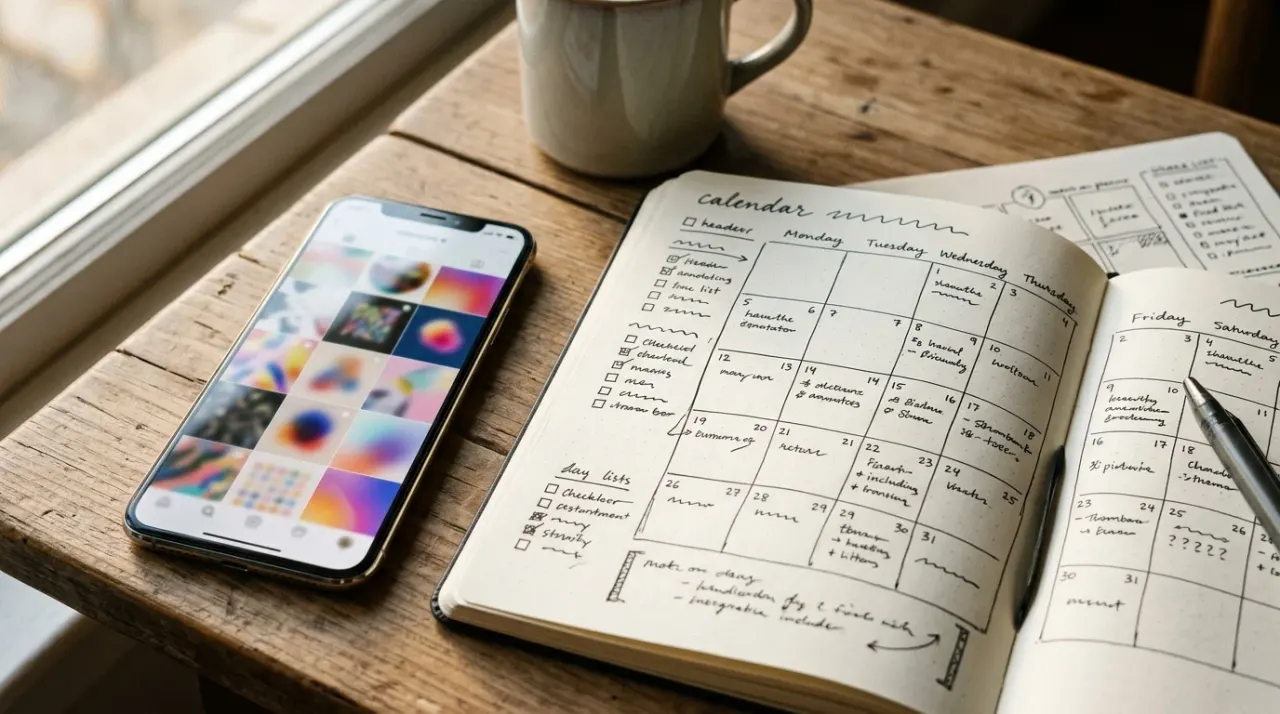 Smartphone con griglia di post astratta e un taccuino con un calendario disegnato a mano su un tavolo
