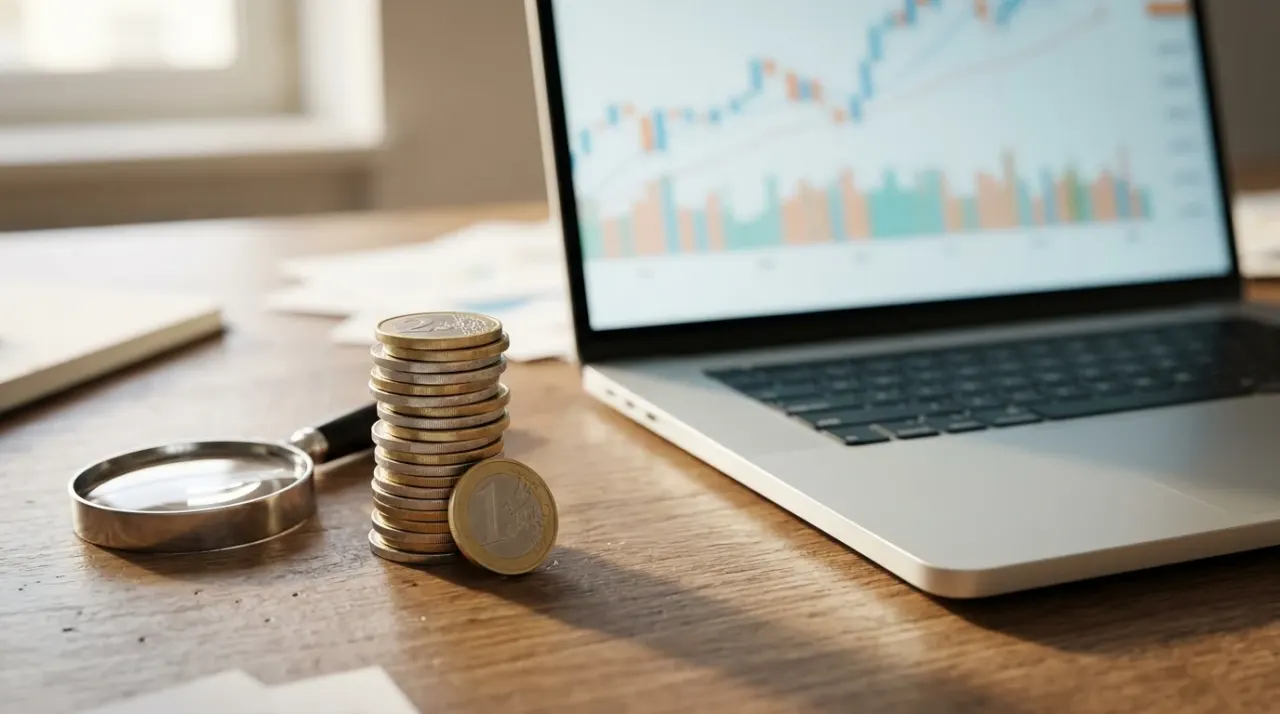 Monete in euro in pila accanto a un laptop con un grafico astratto e una lente d'ingrandimento