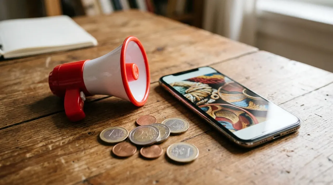 Megafono giocattolo accanto a uno smartphone con la foto di un prodotto artigianale sullo schermo e a monete in euro sul tavolo
