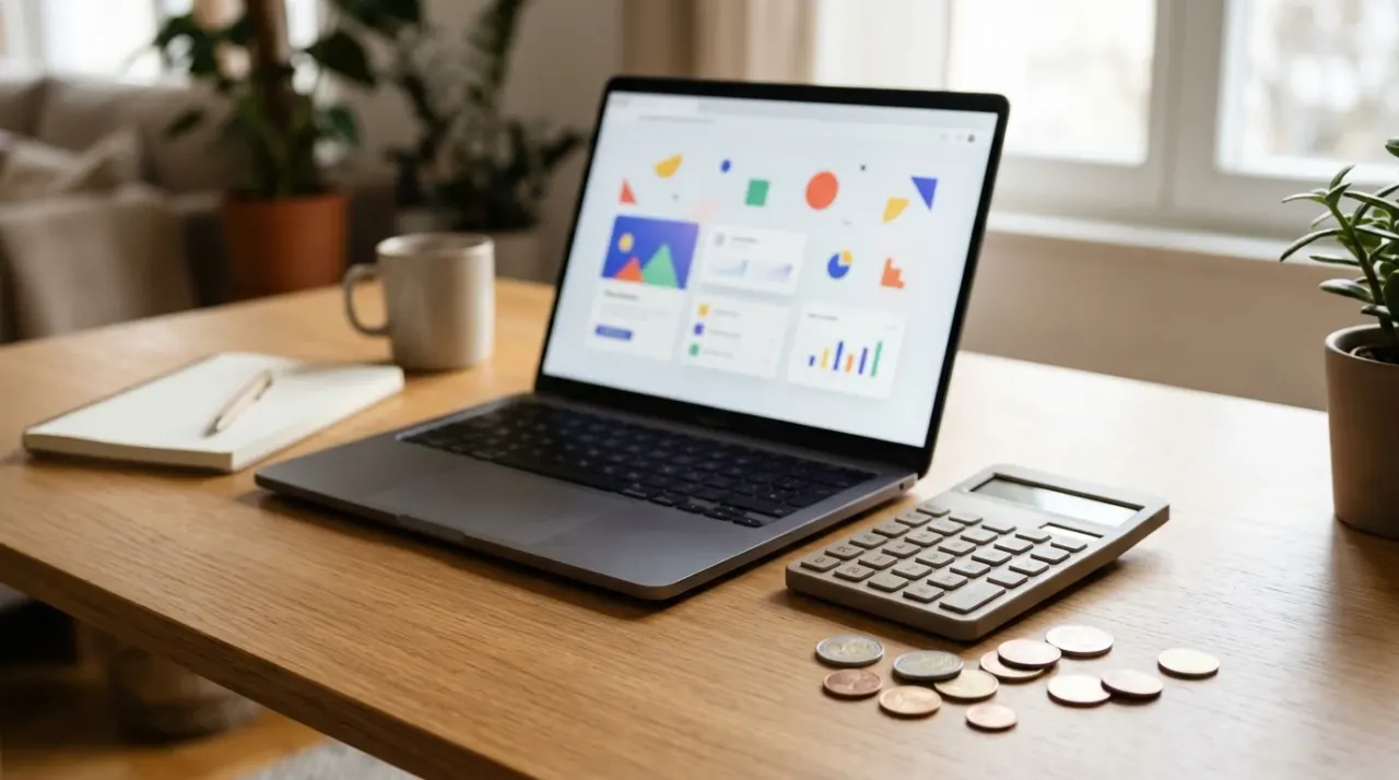 Pagina web astratta su un laptop con calcolatrice e monete in euro accanto, scrivania ordinata