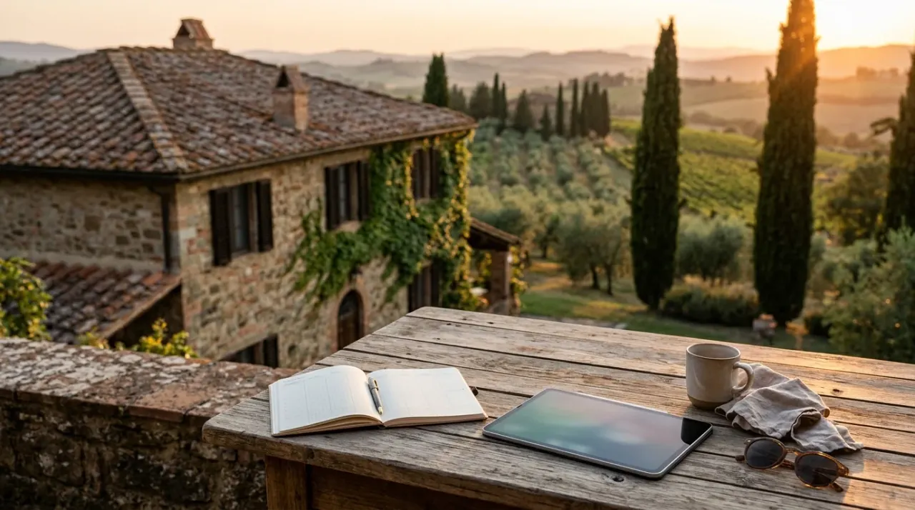 Campagna umbra con un casale in pietra e un tavolo con tablet e agenda in primo piano del tramonto