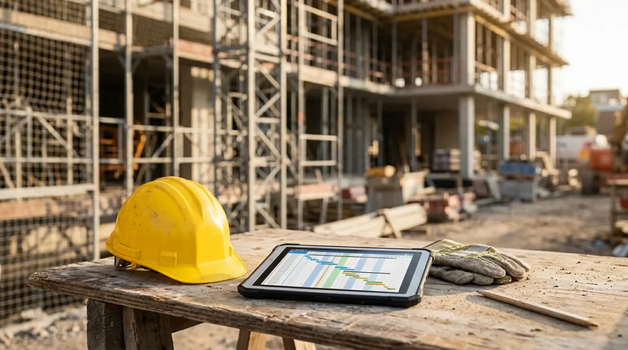 Cantiere edile con ponteggi e casco giallo su un tavolo con tablet che mostra un cronoprogramma astratto