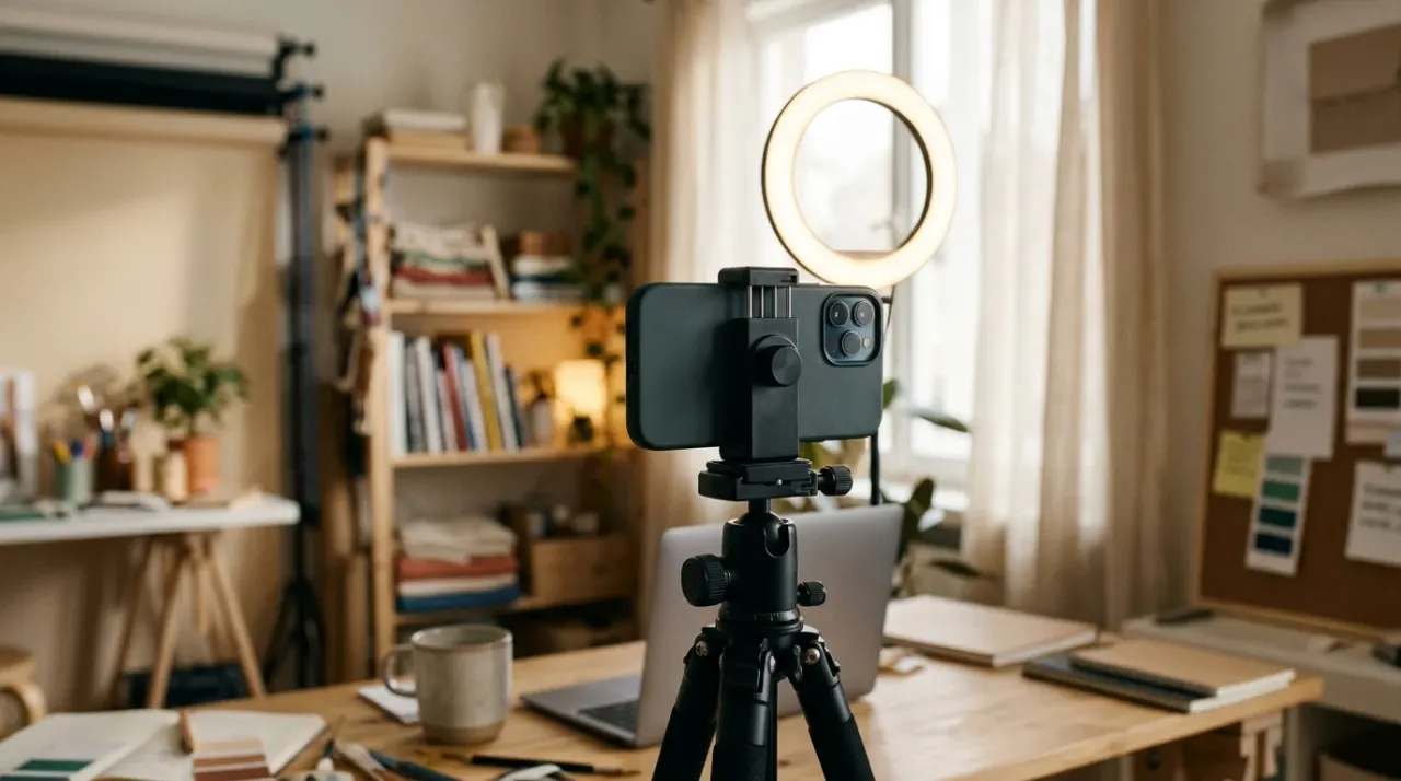 Smartphone montato su un treppiede in un piccolo studio con anello di luce