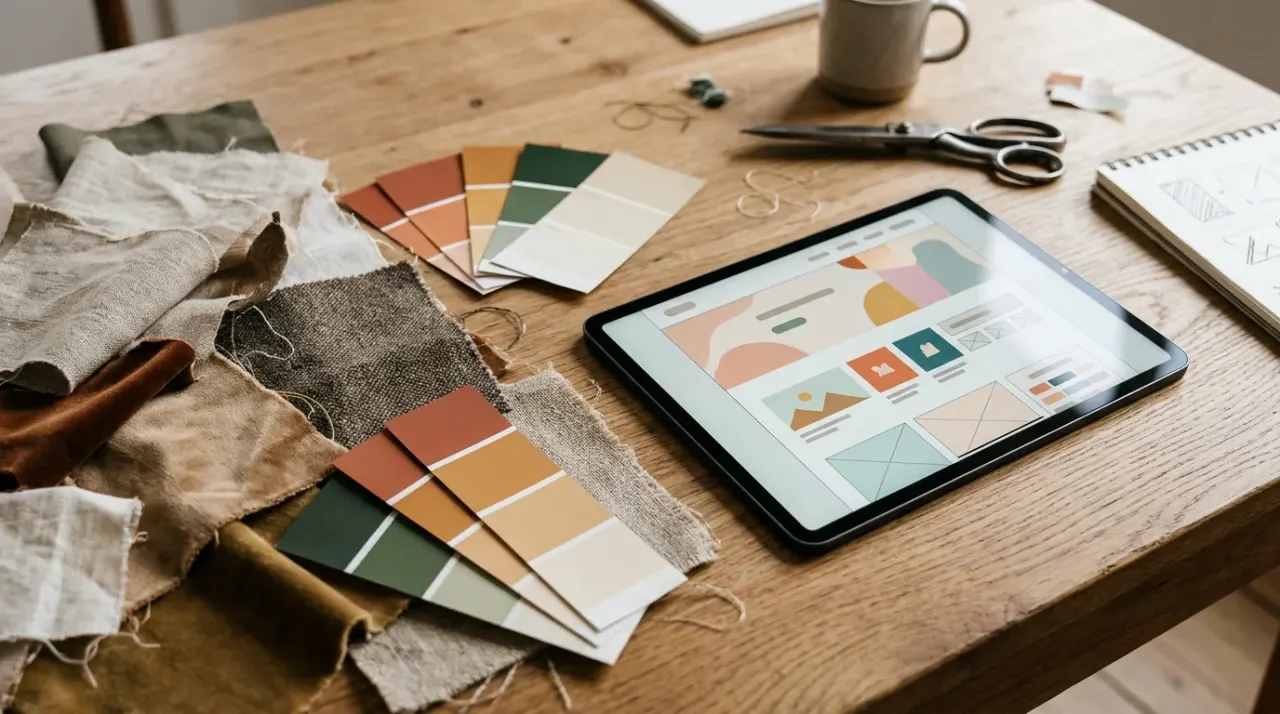 Tavolozza di colori, campioni di tessuto e un tablet con layout web astratto su un tavolo da designer