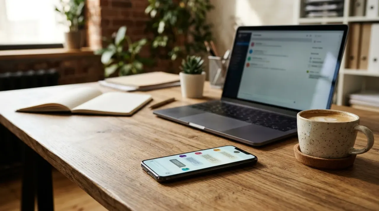 Smartphone con una chat astratta accanto a un portatile e una tazza di caffè su una scrivania di una piccola impresa