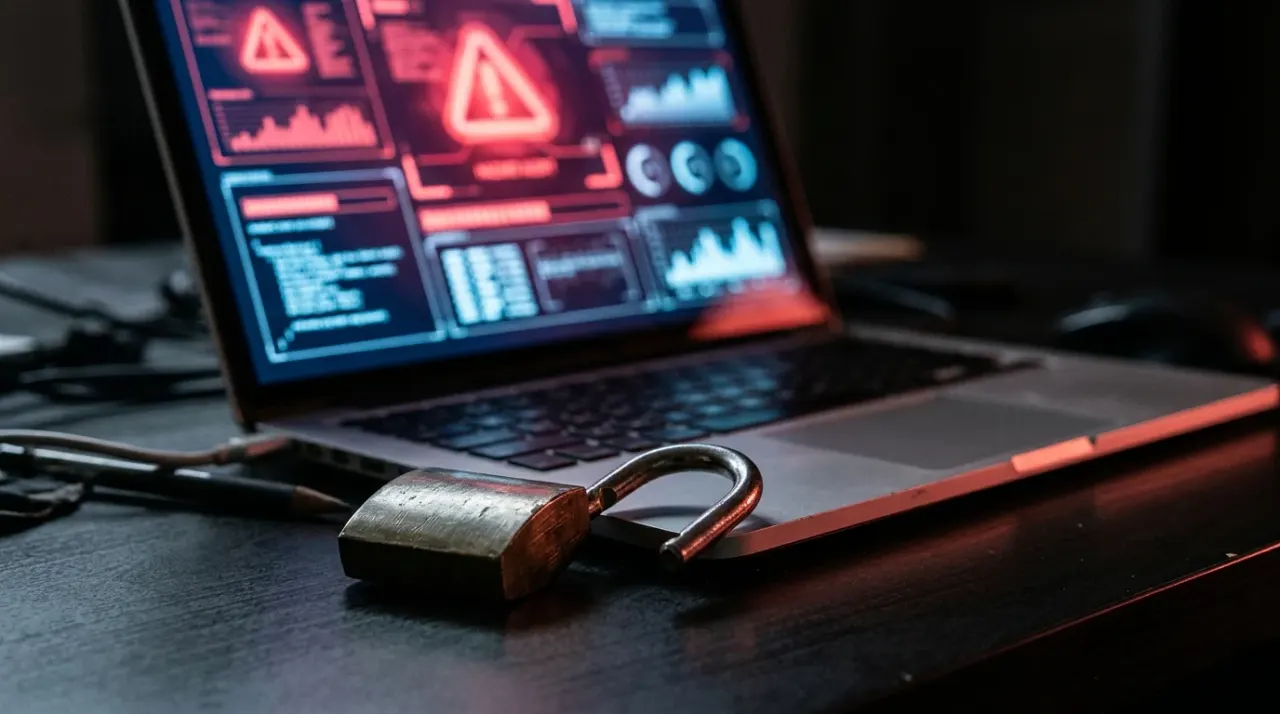 Lucchetto aperto e un laptop con schermata di allarme astratta su una scrivania buia