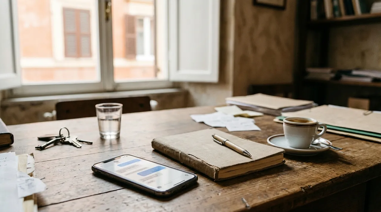 Scrivania di una piccola attività con smartphone che mostra una chat, taccuino e caffè