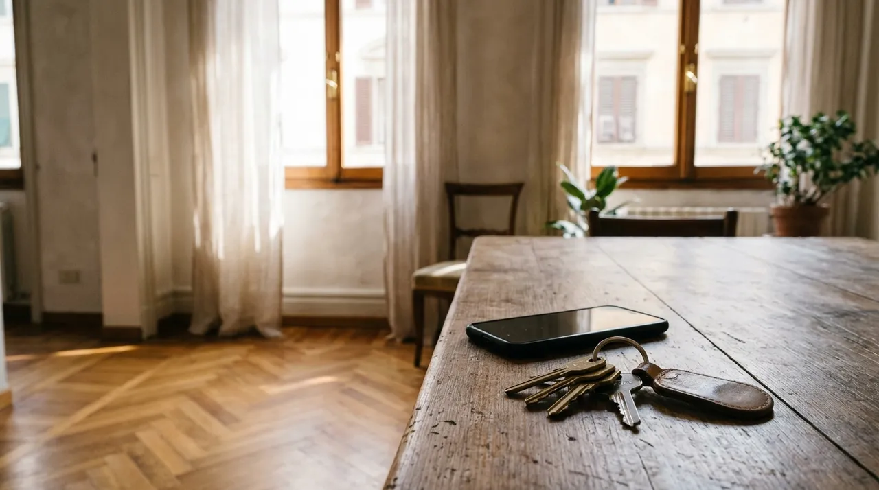 Appartamento luminoso con parquet, mazzo di chiavi e smartphone su un tavolo